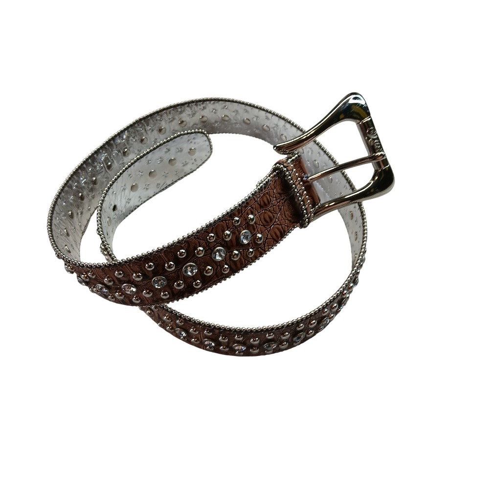Guess Womens Brown Croc Embossed Rhinestone Studded Western Belt 947034 MOC